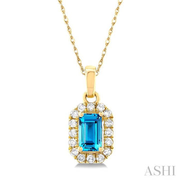 5x3 MM Octagonal Shape Blue Topaz and 1/20 Ctw Single Cut Diamond Halo Semi-Precious Pendant with Chain in 10K Yellow Gold